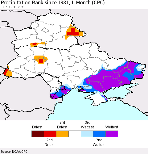 Ukraine, Moldova and Belarus Precipitation Rank since 1981, 1-Month (CPC) Thematic Map For 6/1/2021 - 6/30/2021