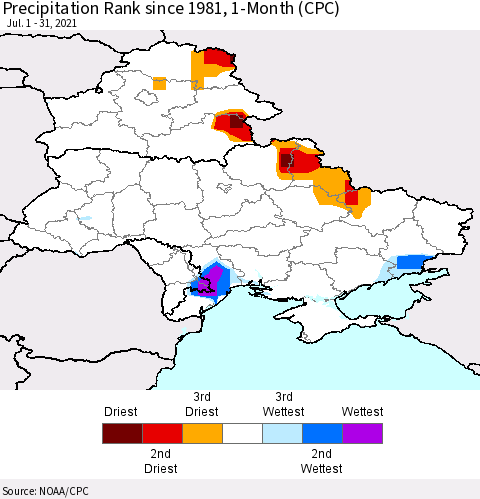 Ukraine, Moldova and Belarus Precipitation Rank 1-Month (CPC) Thematic Map For 7/1/2021 - 7/31/2021
