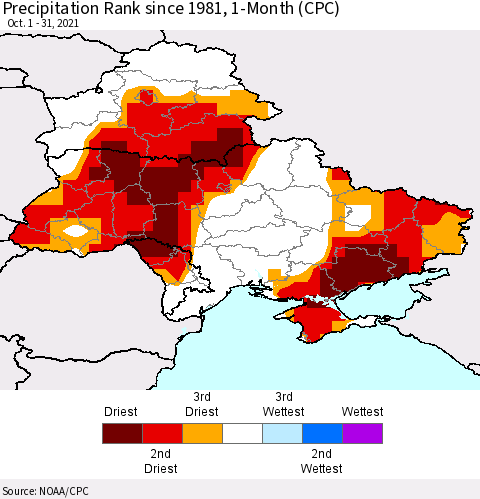 Ukraine, Moldova and Belarus Precipitation Rank since 1981, 1-Month (CPC) Thematic Map For 10/1/2021 - 10/31/2021