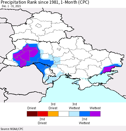 Ukraine, Moldova and Belarus Precipitation Rank since 1981, 1-Month (CPC) Thematic Map For 12/1/2021 - 12/31/2021
