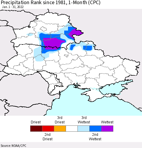 Ukraine, Moldova and Belarus Precipitation Rank since 1981, 1-Month (CPC) Thematic Map For 1/1/2022 - 1/31/2022