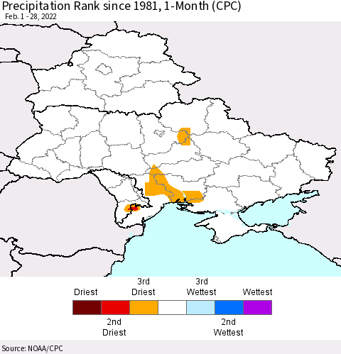 Ukraine, Moldova and Belarus Precipitation Rank since 1981, 1-Month (CPC) Thematic Map For 2/1/2022 - 2/28/2022