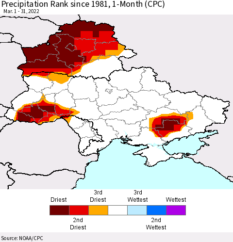 Ukraine, Moldova and Belarus Precipitation Rank 1-Month (CPC) Thematic Map For 3/1/2022 - 3/31/2022