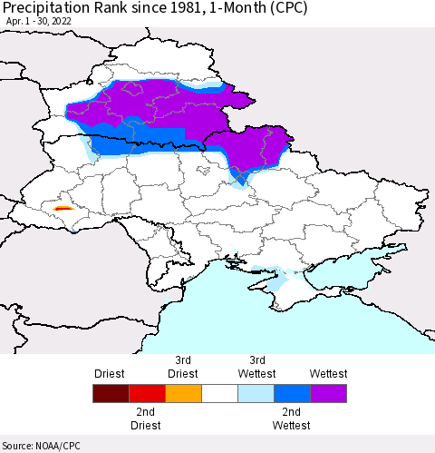 Ukraine, Moldova and Belarus Precipitation Rank 1-Month (CPC) Thematic Map For 4/1/2022 - 4/30/2022