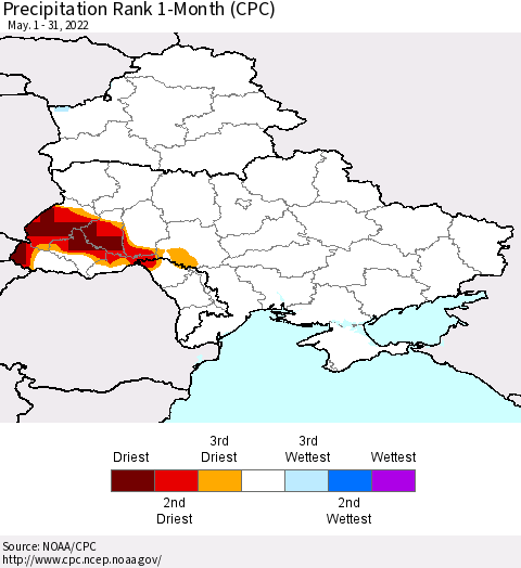 Ukraine, Moldova and Belarus Precipitation Rank since 1981, 1-Month (CPC) Thematic Map For 5/1/2022 - 5/31/2022