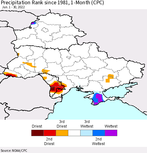 Ukraine, Moldova and Belarus Precipitation Rank since 1981, 1-Month (CPC) Thematic Map For 6/1/2022 - 6/30/2022