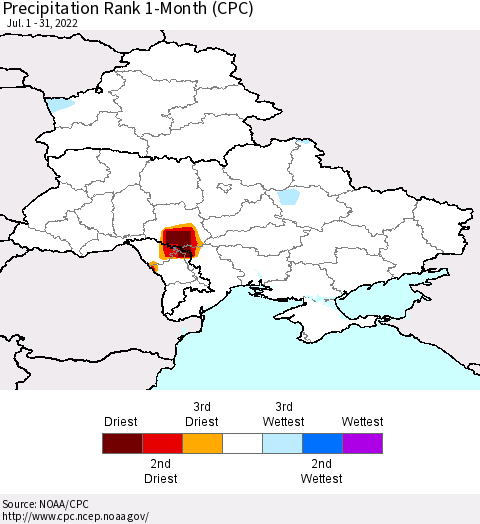 Ukraine, Moldova and Belarus Precipitation Rank 1-Month (CPC) Thematic Map For 7/1/2022 - 7/31/2022