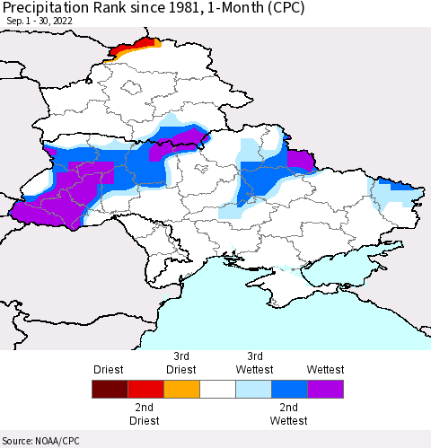 Ukraine, Moldova and Belarus Precipitation Rank 1-Month (CPC) Thematic Map For 9/1/2022 - 9/30/2022