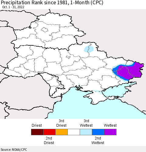 Ukraine, Moldova and Belarus Precipitation Rank 1-Month (CPC) Thematic Map For 10/1/2022 - 10/31/2022