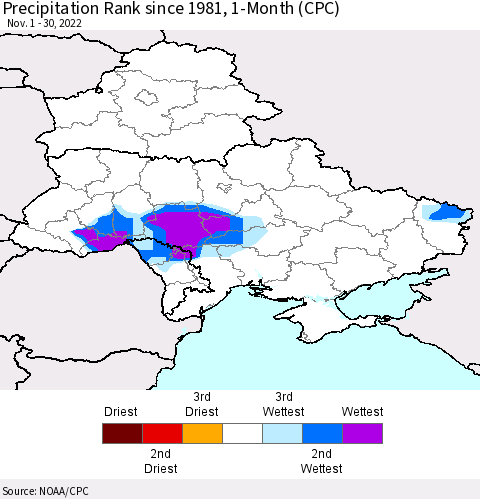 Ukraine, Moldova and Belarus Precipitation Rank since 1981, 1-Month (CPC) Thematic Map For 11/1/2022 - 11/30/2022