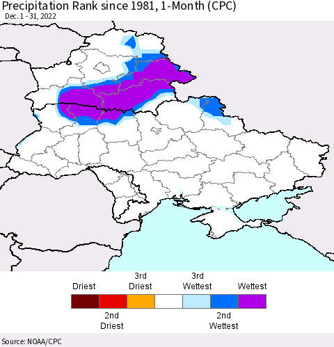 Ukraine, Moldova and Belarus Precipitation Rank since 1981, 1-Month (CPC) Thematic Map For 12/1/2022 - 12/31/2022