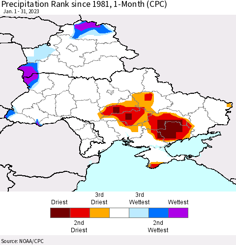 Ukraine, Moldova and Belarus Precipitation Rank since 1981, 1-Month (CPC) Thematic Map For 1/1/2023 - 1/31/2023