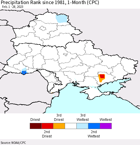 Ukraine, Moldova and Belarus Precipitation Rank since 1981, 1-Month (CPC) Thematic Map For 2/1/2023 - 2/28/2023