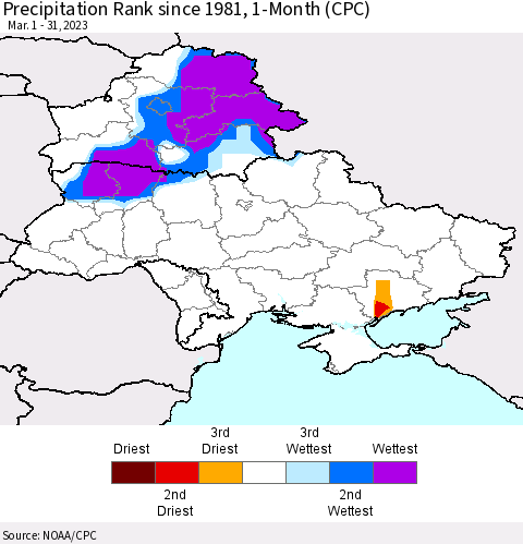Ukraine, Moldova and Belarus Precipitation Rank since 1981, 1-Month (CPC) Thematic Map For 3/1/2023 - 3/31/2023