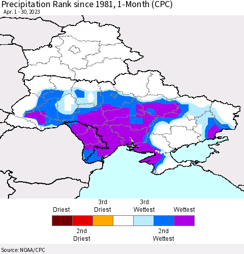 Ukraine, Moldova and Belarus Precipitation Rank since 1981, 1-Month (CPC) Thematic Map For 4/1/2023 - 4/30/2023