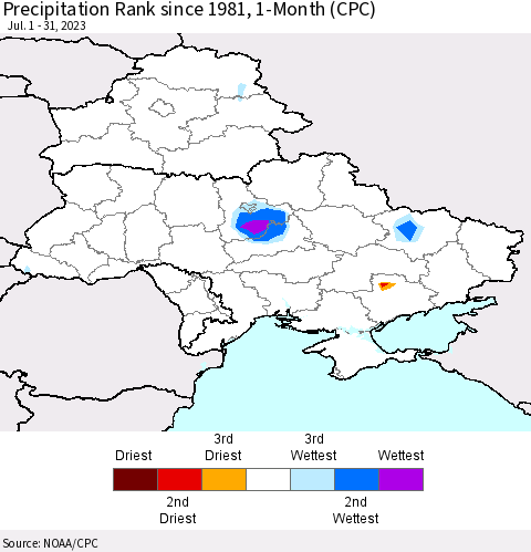 Ukraine, Moldova and Belarus Precipitation Rank since 1981, 1-Month (CPC) Thematic Map For 7/1/2023 - 7/31/2023