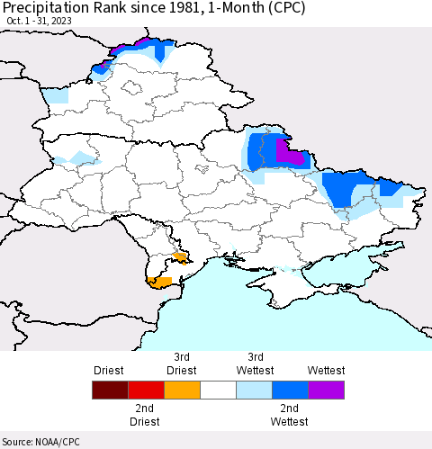 Ukraine, Moldova and Belarus Precipitation Rank since 1981, 1-Month (CPC) Thematic Map For 10/1/2023 - 10/31/2023