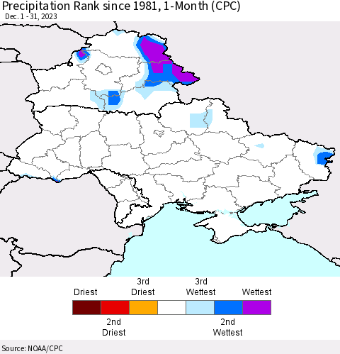 Ukraine, Moldova and Belarus Precipitation Rank since 1981, 1-Month (CPC) Thematic Map For 12/1/2023 - 12/31/2023