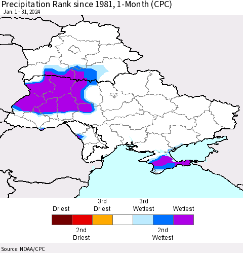 Ukraine, Moldova and Belarus Precipitation Rank since 1981, 1-Month (CPC) Thematic Map For 1/1/2024 - 1/31/2024