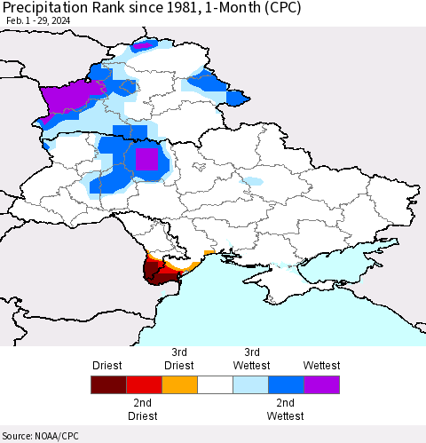 Ukraine, Moldova and Belarus Precipitation Rank since 1981, 1-Month (CPC) Thematic Map For 2/1/2024 - 2/29/2024