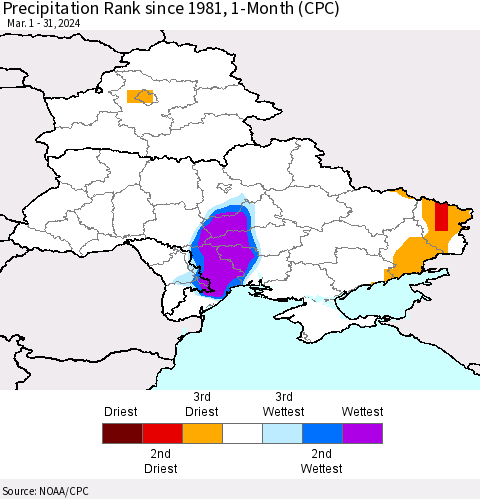 Ukraine, Moldova and Belarus Precipitation Rank since 1981, 1-Month (CPC) Thematic Map For 3/1/2024 - 3/31/2024