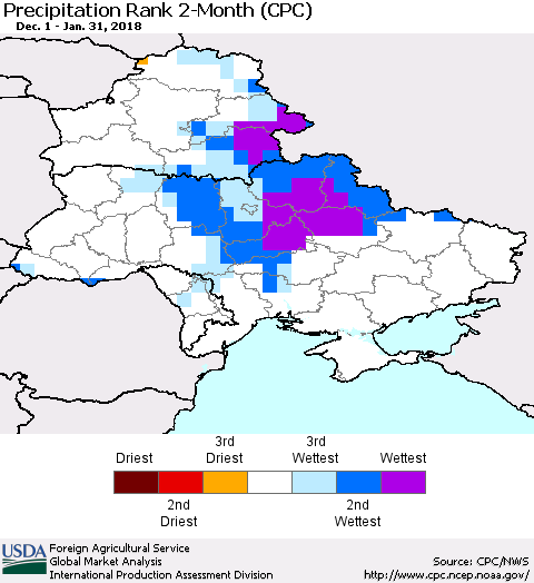 Ukraine, Moldova and Belarus Precipitation Rank since 1981, 2-Month (CPC) Thematic Map For 12/1/2017 - 1/31/2018