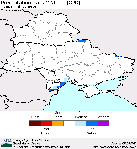 Ukraine, Moldova and Belarus Precipitation Rank since 1981, 2-Month (CPC) Thematic Map For 1/1/2018 - 2/28/2018