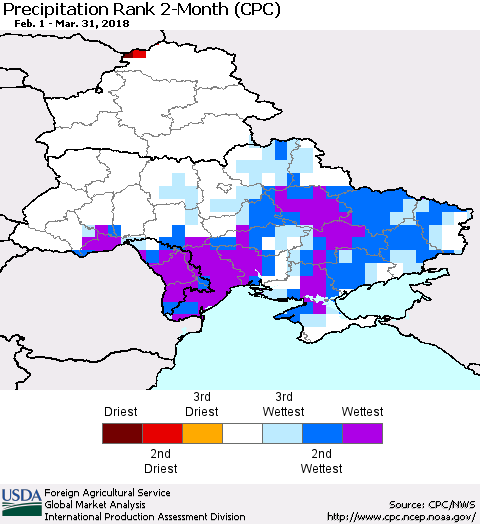 Ukraine, Moldova and Belarus Precipitation Rank since 1981, 2-Month (CPC) Thematic Map For 2/1/2018 - 3/31/2018