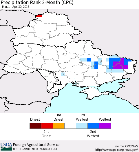 Ukraine, Moldova and Belarus Precipitation Rank since 1981, 2-Month (CPC) Thematic Map For 3/1/2018 - 4/30/2018