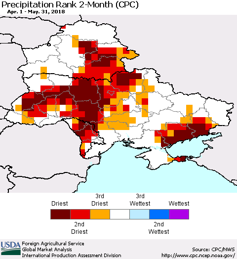 Ukraine, Moldova and Belarus Precipitation Rank since 1981, 2-Month (CPC) Thematic Map For 4/1/2018 - 5/31/2018