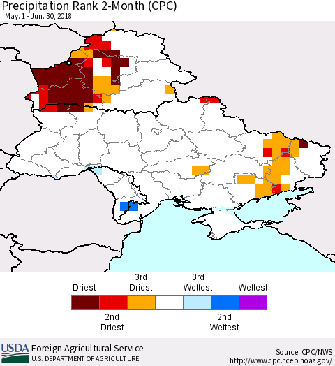 Ukraine, Moldova and Belarus Precipitation Rank since 1981, 2-Month (CPC) Thematic Map For 5/1/2018 - 6/30/2018