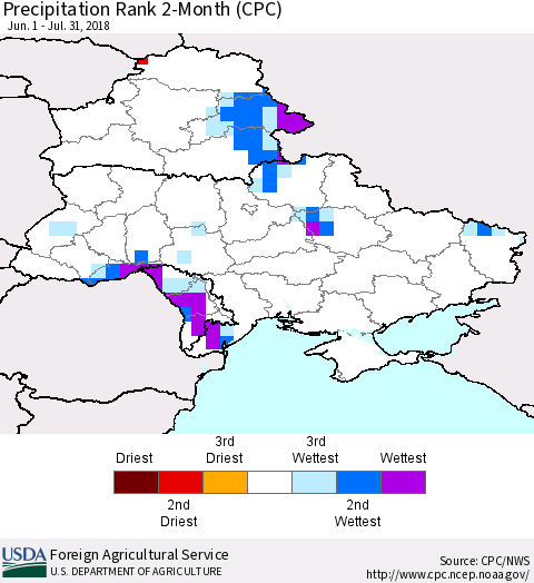 Ukraine, Moldova and Belarus Precipitation Rank since 1981, 2-Month (CPC) Thematic Map For 6/1/2018 - 7/31/2018