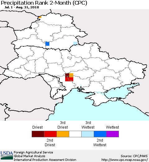 Ukraine, Moldova and Belarus Precipitation Rank since 1981, 2-Month (CPC) Thematic Map For 7/1/2018 - 8/31/2018