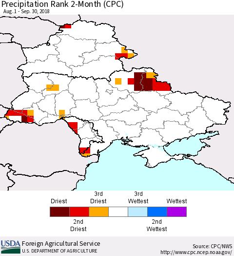 Ukraine, Moldova and Belarus Precipitation Rank since 1981, 2-Month (CPC) Thematic Map For 8/1/2018 - 9/30/2018