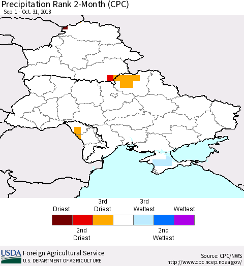 Ukraine, Moldova and Belarus Precipitation Rank since 1981, 2-Month (CPC) Thematic Map For 9/1/2018 - 10/31/2018