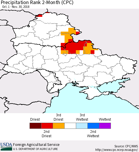 Ukraine, Moldova and Belarus Precipitation Rank 2-Month (CPC) Thematic Map For 10/1/2018 - 11/30/2018
