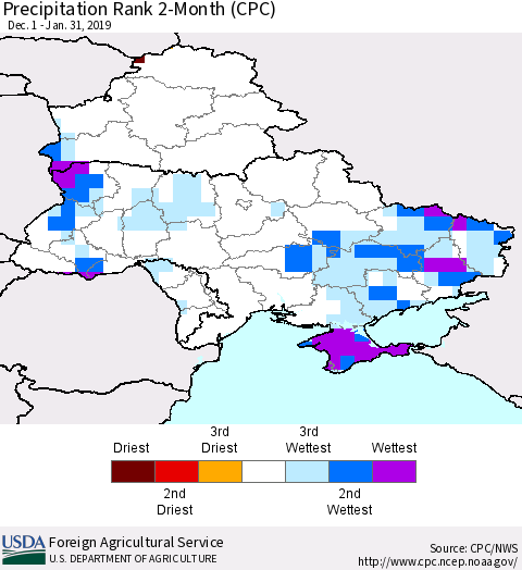 Ukraine, Moldova and Belarus Precipitation Rank 2-Month (CPC) Thematic Map For 12/1/2018 - 1/31/2019