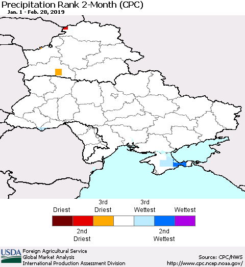 Ukraine, Moldova and Belarus Precipitation Rank 2-Month (CPC) Thematic Map For 1/1/2019 - 2/28/2019