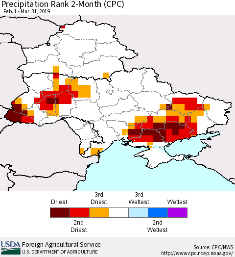 Ukraine, Moldova and Belarus Precipitation Rank 2-Month (CPC) Thematic Map For 2/1/2019 - 3/31/2019