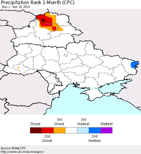 Ukraine, Moldova and Belarus Precipitation Rank 2-Month (CPC) Thematic Map For 3/1/2019 - 4/30/2019
