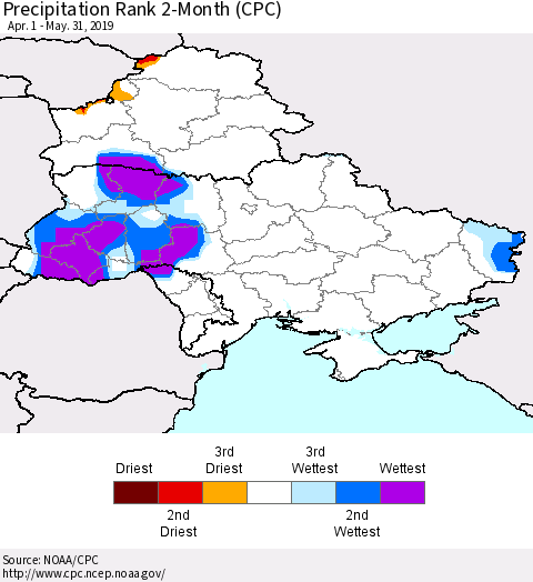 Ukraine, Moldova and Belarus Precipitation Rank 2-Month (CPC) Thematic Map For 4/1/2019 - 5/31/2019