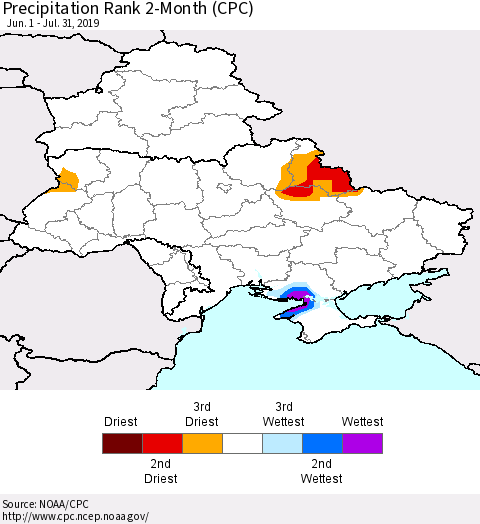 Ukraine, Moldova and Belarus Precipitation Rank 2-Month (CPC) Thematic Map For 6/1/2019 - 7/31/2019