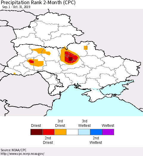 Ukraine, Moldova and Belarus Precipitation Rank 2-Month (CPC) Thematic Map For 9/1/2019 - 10/31/2019