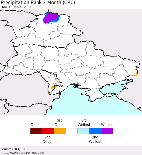 Ukraine, Moldova and Belarus Precipitation Rank 2-Month (CPC) Thematic Map For 11/1/2019 - 12/31/2019