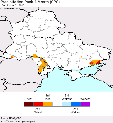 Ukraine, Moldova and Belarus Precipitation Rank 2-Month (CPC) Thematic Map For 12/1/2019 - 1/31/2020