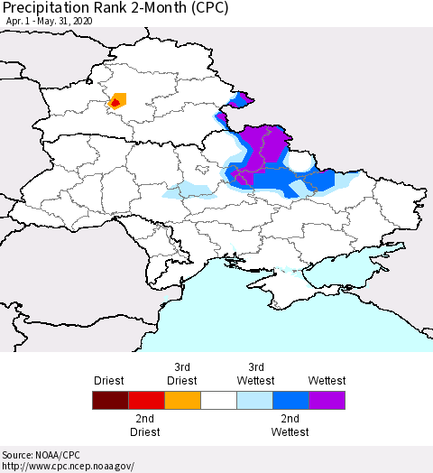 Ukraine, Moldova and Belarus Precipitation Rank 2-Month (CPC) Thematic Map For 4/1/2020 - 5/31/2020