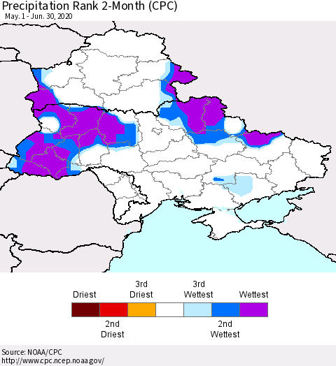 Ukraine, Moldova and Belarus Precipitation Rank since 1981, 2-Month (CPC) Thematic Map For 5/1/2020 - 6/30/2020