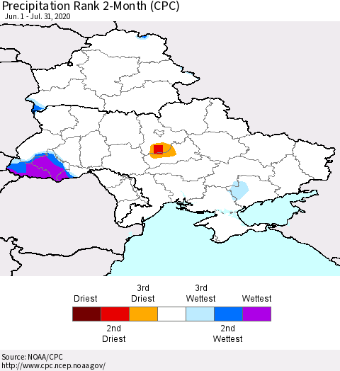 Ukraine, Moldova and Belarus Precipitation Rank since 1981, 2-Month (CPC) Thematic Map For 6/1/2020 - 7/31/2020