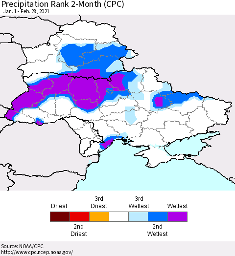 Ukraine, Moldova and Belarus Precipitation Rank since 1981, 2-Month (CPC) Thematic Map For 1/1/2021 - 2/28/2021