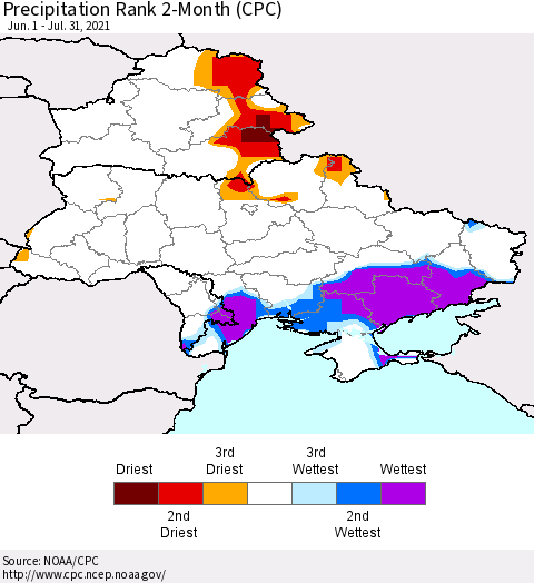 Ukraine, Moldova and Belarus Precipitation Rank since 1981, 2-Month (CPC) Thematic Map For 6/1/2021 - 7/31/2021